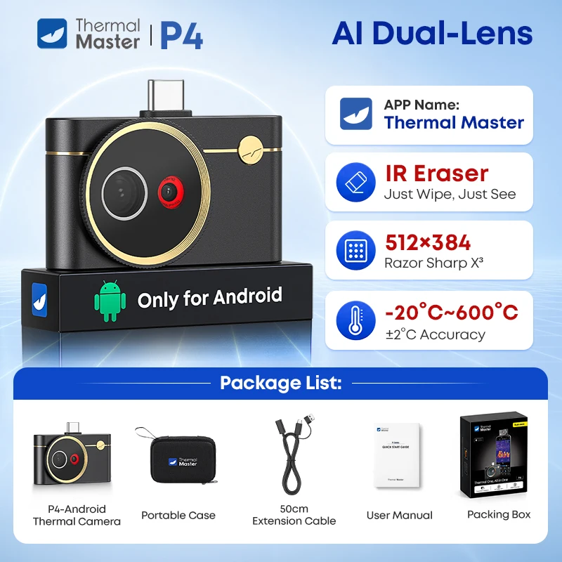 512×384 Dual-Lens Thermische Beeldcamera P4 voor Android, Infraroodbeeldcamera met IR-eraser & AI-uitlijning voor warmteverlies en waterlekkage
