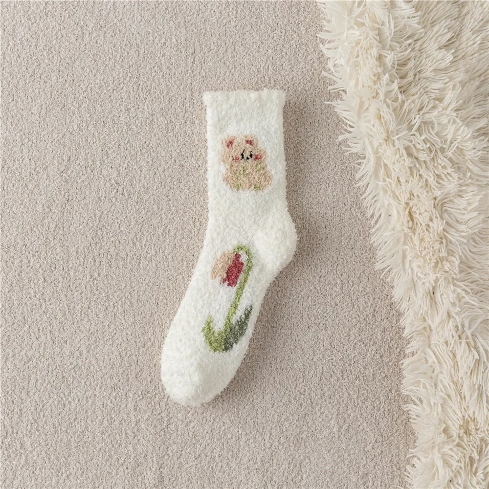 12pr Coral Fleece Socks Female Winter Extra Thick No Hair Shedding Home Sleeping Socks Tulip Thermal Middle Tube Room Socks