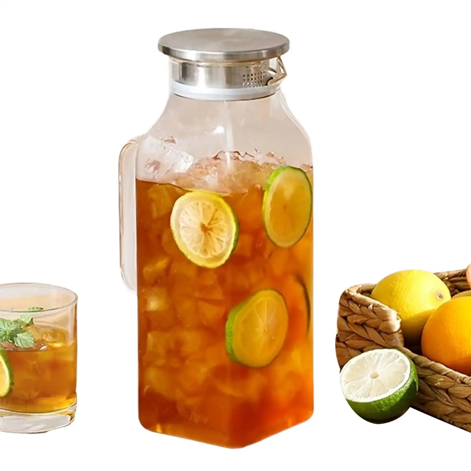 Glass Water Pitcher 2L Drinks Bottle with Handle and Lid Household Tea Pitcher for Tea Coffee Juice Milk Lemonade Refrigerator