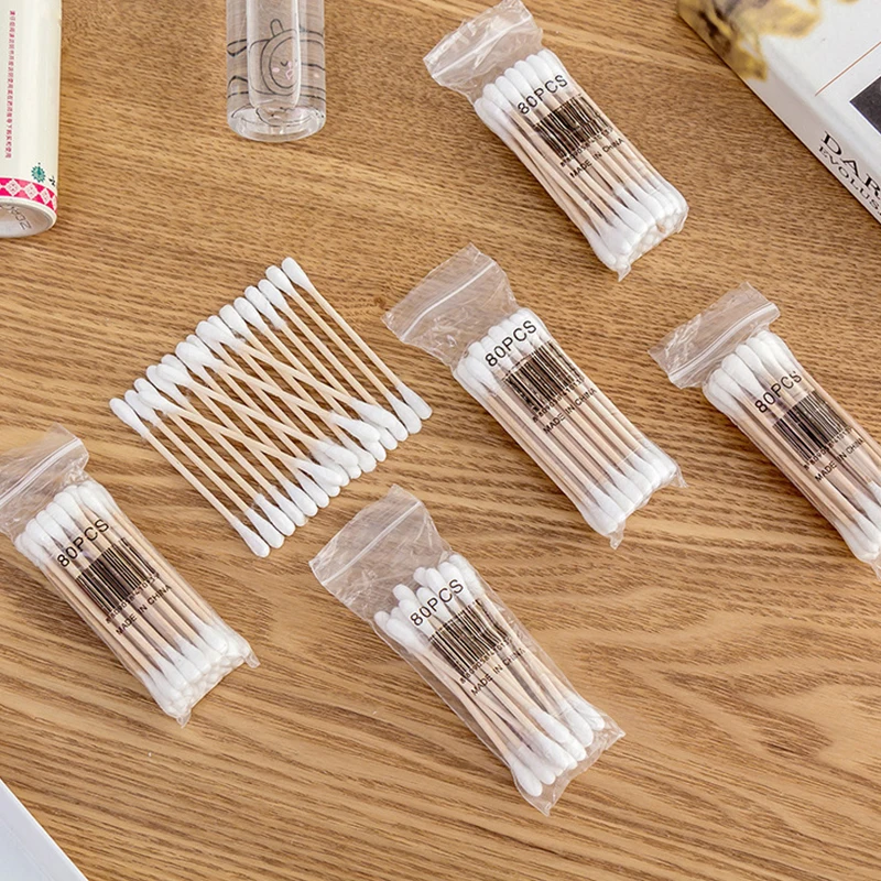 80pcs Disposable Cotton Swab Lint Free Micro Brushes Wood Cotton Buds Swabs Clean Stick Eyelash Extension Glue Removing Tool