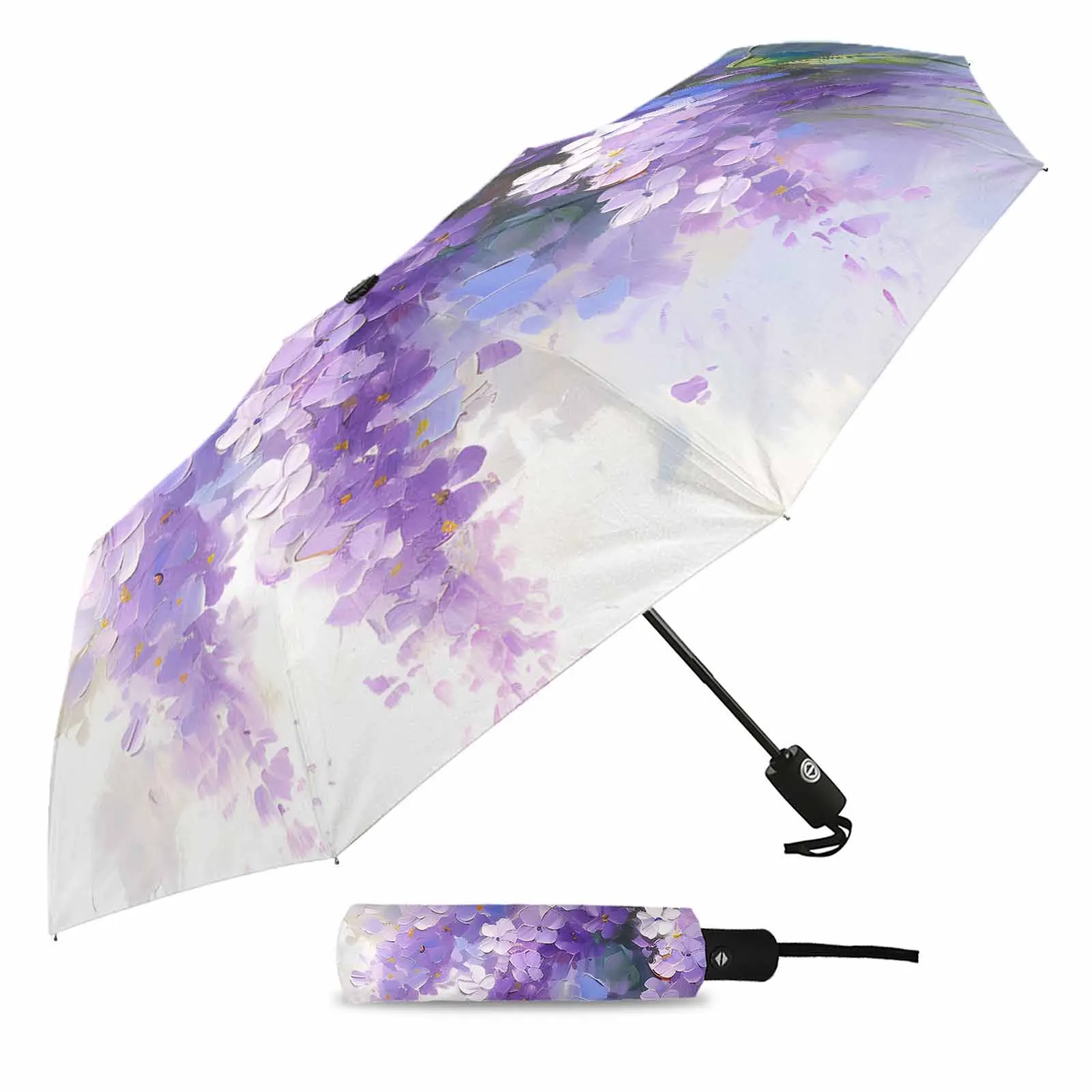 Oil Painting Purple Lavender Butterfly Automatic Umbrella Portable Folding Sunny and Rainy Umbrella Women Parasol Umbrella