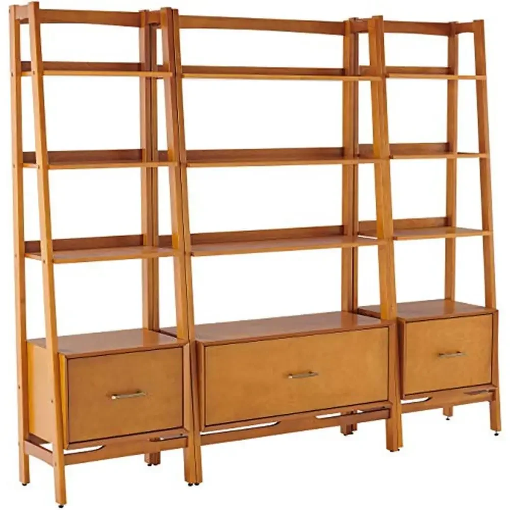 Mid-Century Modern 3-Piece Bookshelf Etagere Set with File Drawers Genuine Metal Hardware Sturdy Structure Expandable Storage