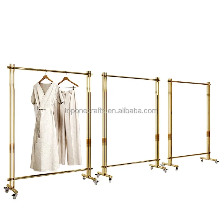 Hot Sale Space Saving Clothes Standing Coat Hanger Rack Mobile Cloth Stand Display Gold Stainless Steel Clothing Racks On Wheels