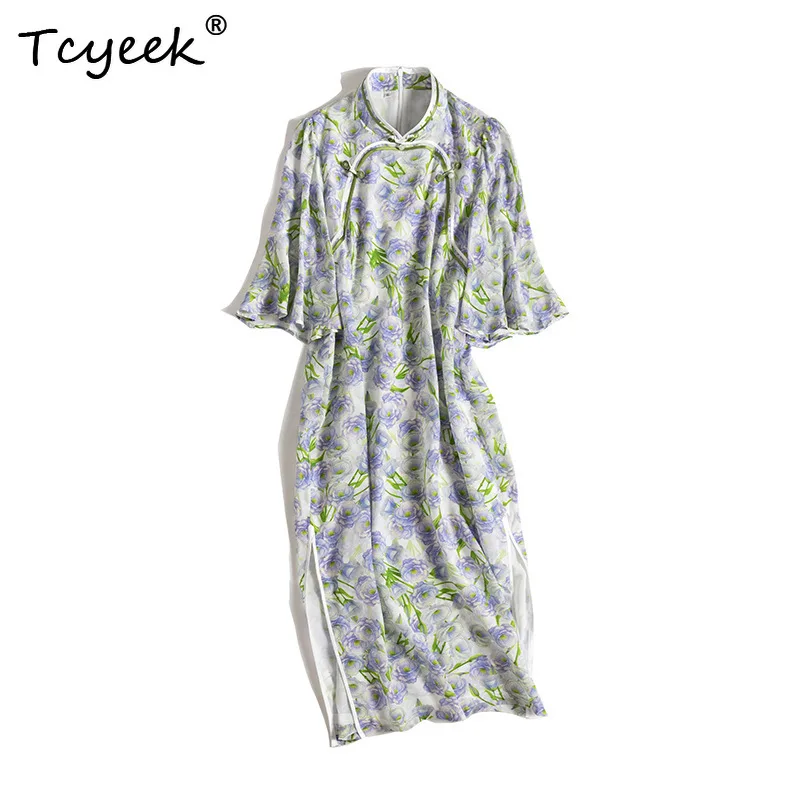 

Tcyeek, 100%Real Silk Retro Dresses, Women Butterfly Sleeve Flower Pritned, Commute Chinese Cheongsam, 2024 Summer D46510QC