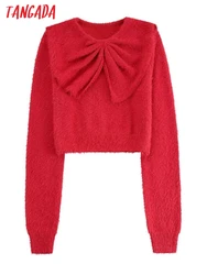 Tangada 2024 Spring Women Bow Fur Knitted Sweater Female Slim Crop Pullovers BE005