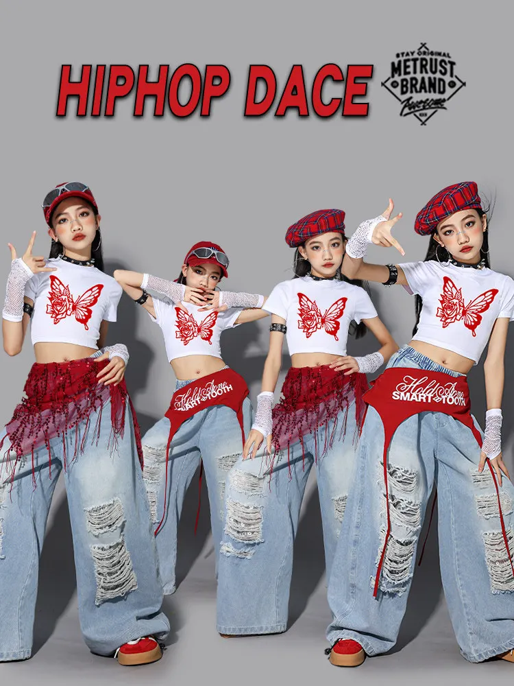 

Hip Hop Girls Outfit Jazz Dance Stage Show Suit Butterfly Crop Top Denim Pants Kid Street Dance Clothing Kpop Costumes