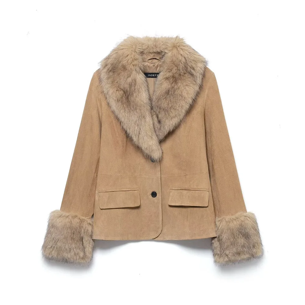 

Winter new women's lapel long sleeved slim fit faux fur effect suede leather suit jacket