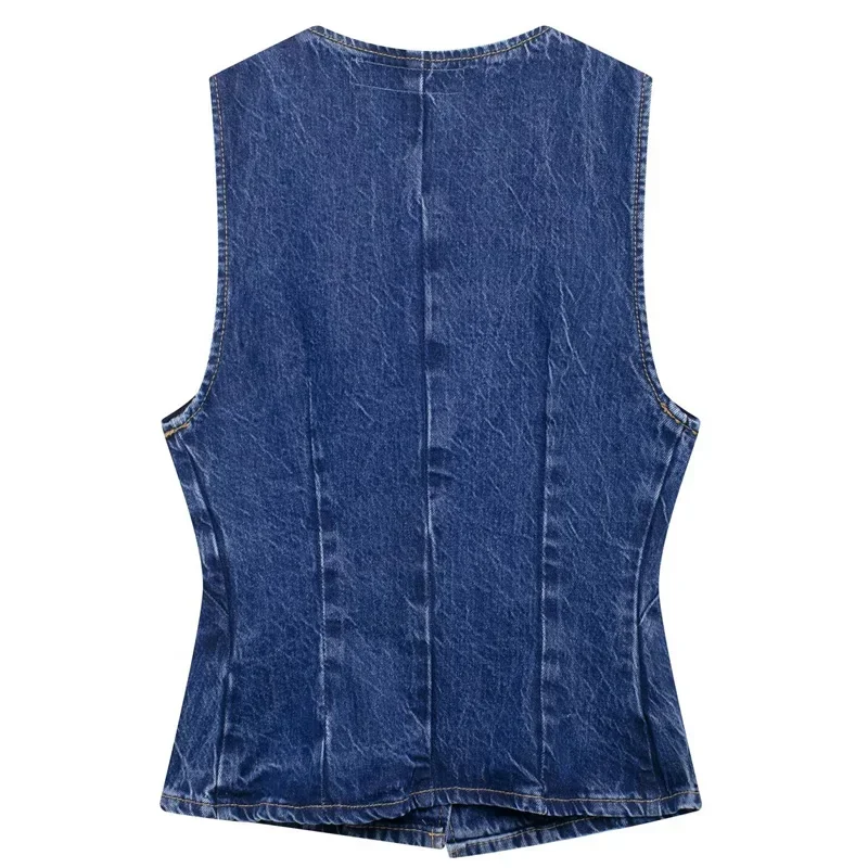 TRAF 2024 Blue Denim Vest Women Waistcoat Sleeveless Vests for Women Fall Jeans Vest Top Women Streetwear Women's Tailored Vest