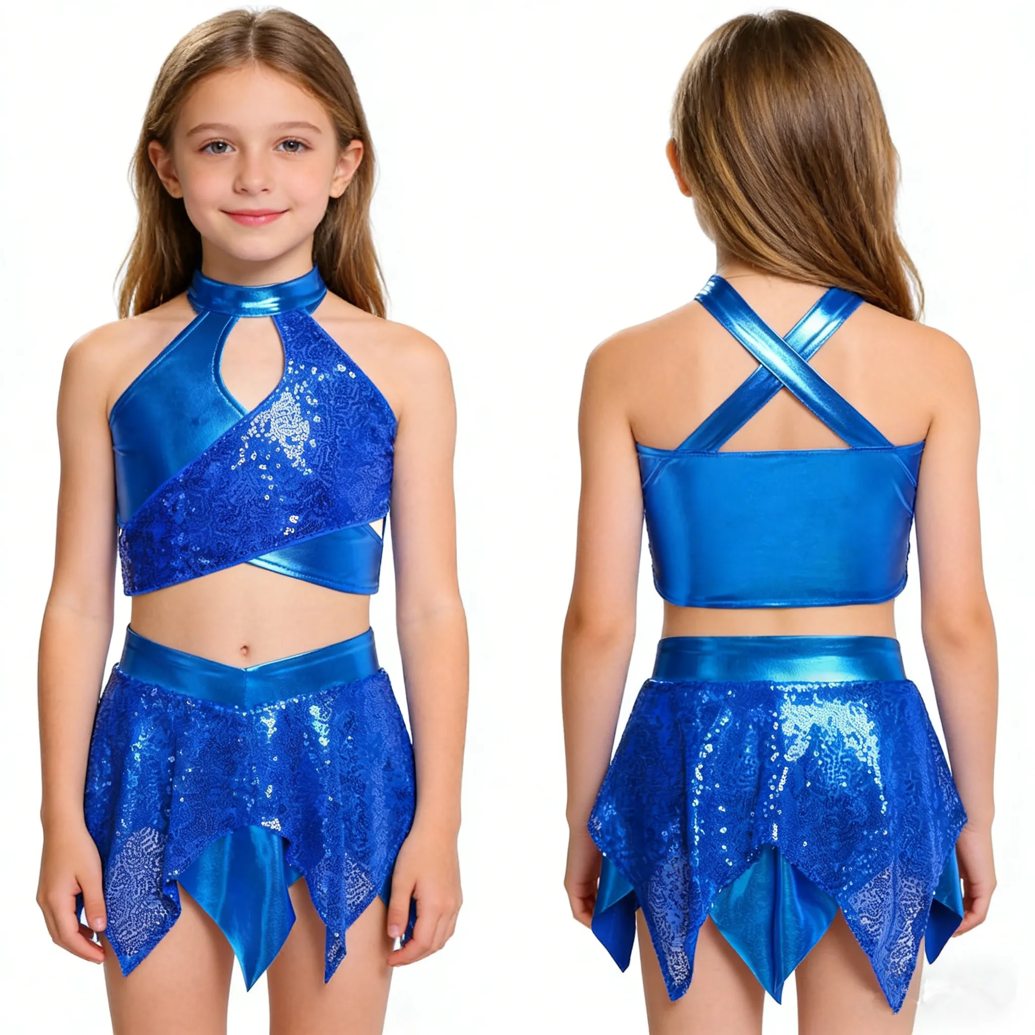 Kids Girls Hip Hop Jazz Dance Costume Shiny Sequins Metallic Crop Tank Top with Culottes for Cheerleading Stage Performance