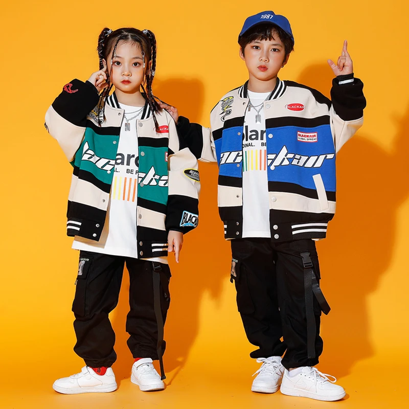 New Kids Hip Hop Costume Boys Blazer Black Cargo Pants Sport Wear Girls Jazz Modern Dance Performance Clothing Kpop Suit BL10166