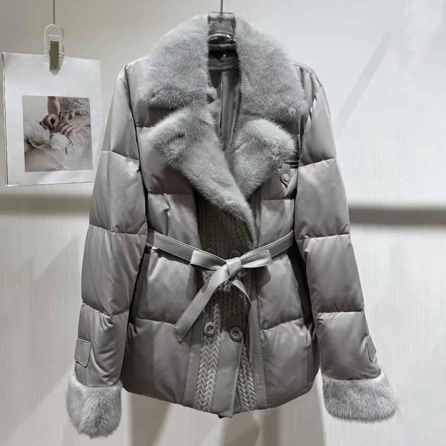 짧은 리얼 밍크 모피 코트 블랙 천연 모피 푸퍼 재킷 벨트 루즈 푸퍼 파카 럭셔리 겨울 따뜻한 다운 코트