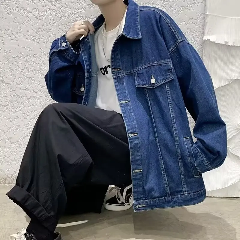 Plus Size 5XL-M Black Denim Jacket Mens Turn Down Collar Jeans Coats Multi-pockets Overalls Streetwear Loose Casual Men Clothing