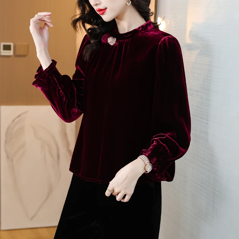 Women Red Velvet Long Sleeve Chic Appliques Blouses Autumn Winter Elegant Luxury Top Shirts 2024 Korean Fashion Bodcyon Coats