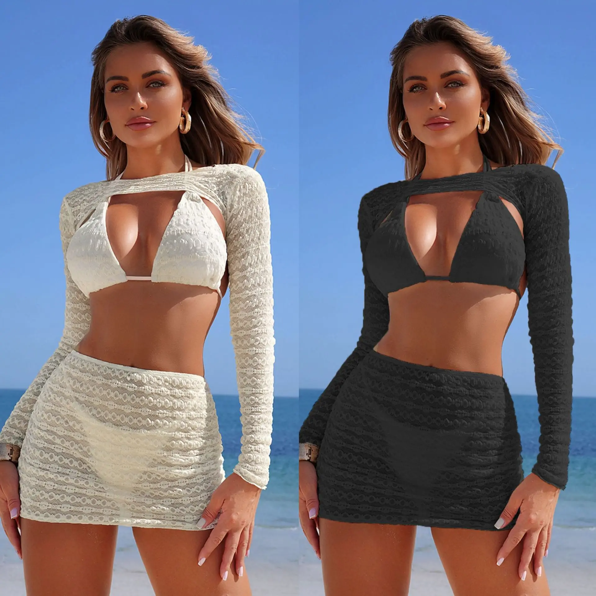 

New Solid Color Long-sleeved Mesh Four-piece Beach Swimsuit Sexy Bikini Women