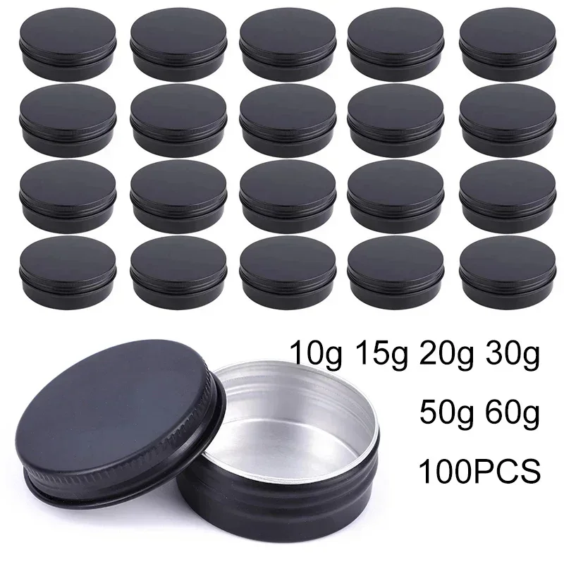 Tarros de aluminio negro con tapa para velas, tarro de Metal para viaje, envases de bálsamo labial, 10/15/20/30/50/60g, venta al por mayor, 100 unidades