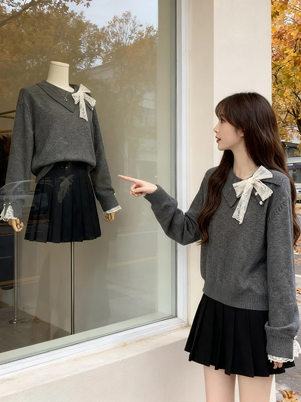 

Ретро-комплект из вязаного свитера и плиссированной юбки с высокой талией для женщин, осенне-зимняя мода