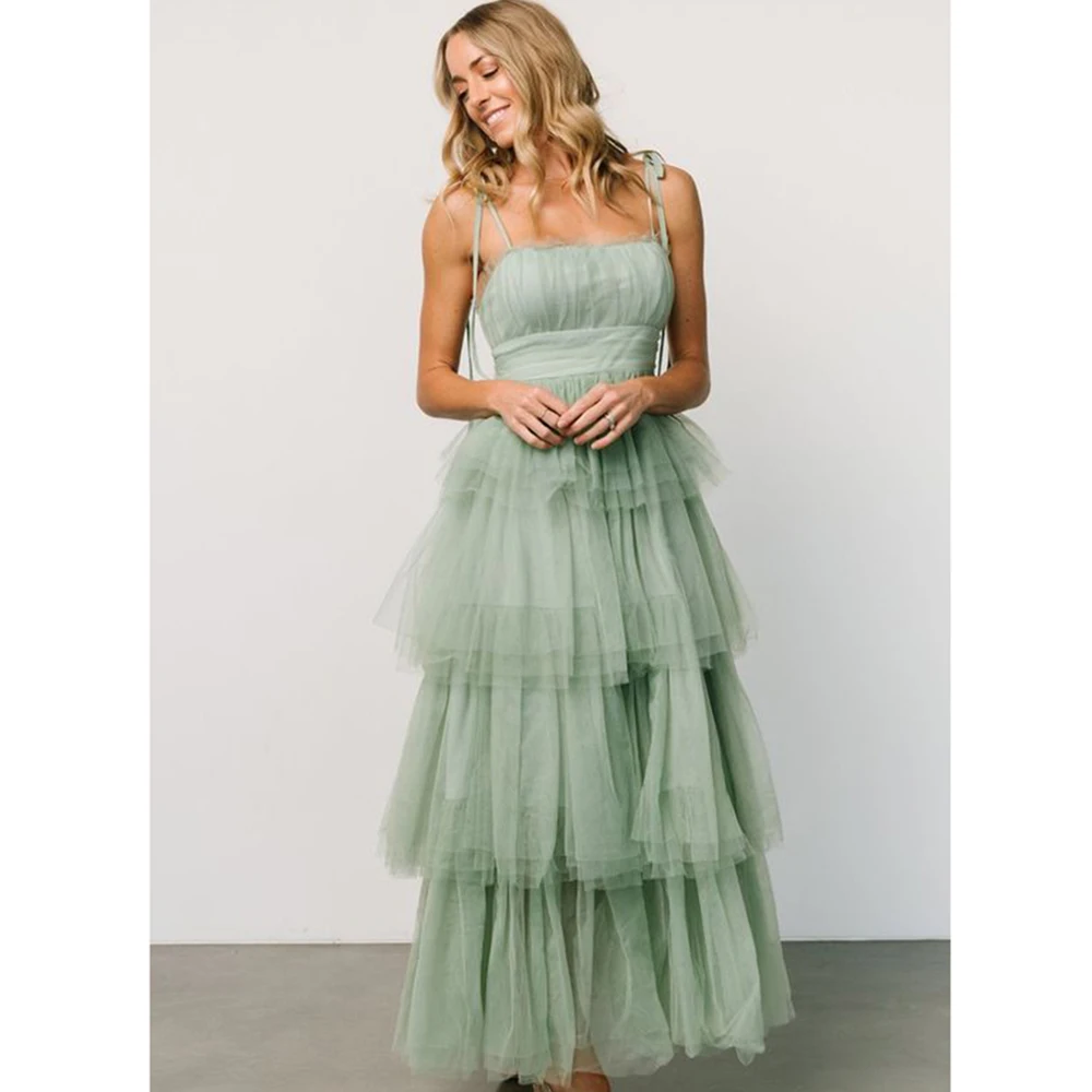 Pretty Sweet Green Women Prom Dresses Spaghetti Strap Floor Length A-Line Fairy Youthful Simple Female Banquet Party Gowns