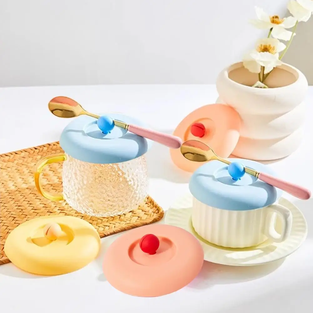 Spoon Fixing Cup Lid Universal Silicone Cup Lid with Spoon Holder Heat Resistant Dust Cover for Coffee Cup Round Water Seal