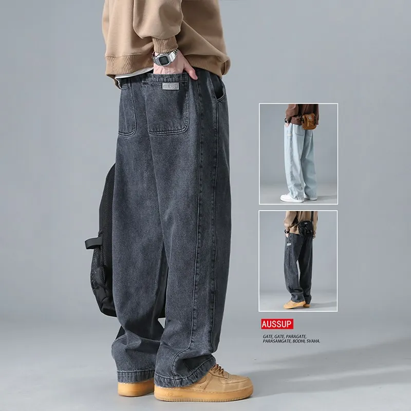 

Retro American Black Denim Jeans Men's Straight Leg Loose Fit Spring High Street Large Size Workwear Wide Leg Pants
