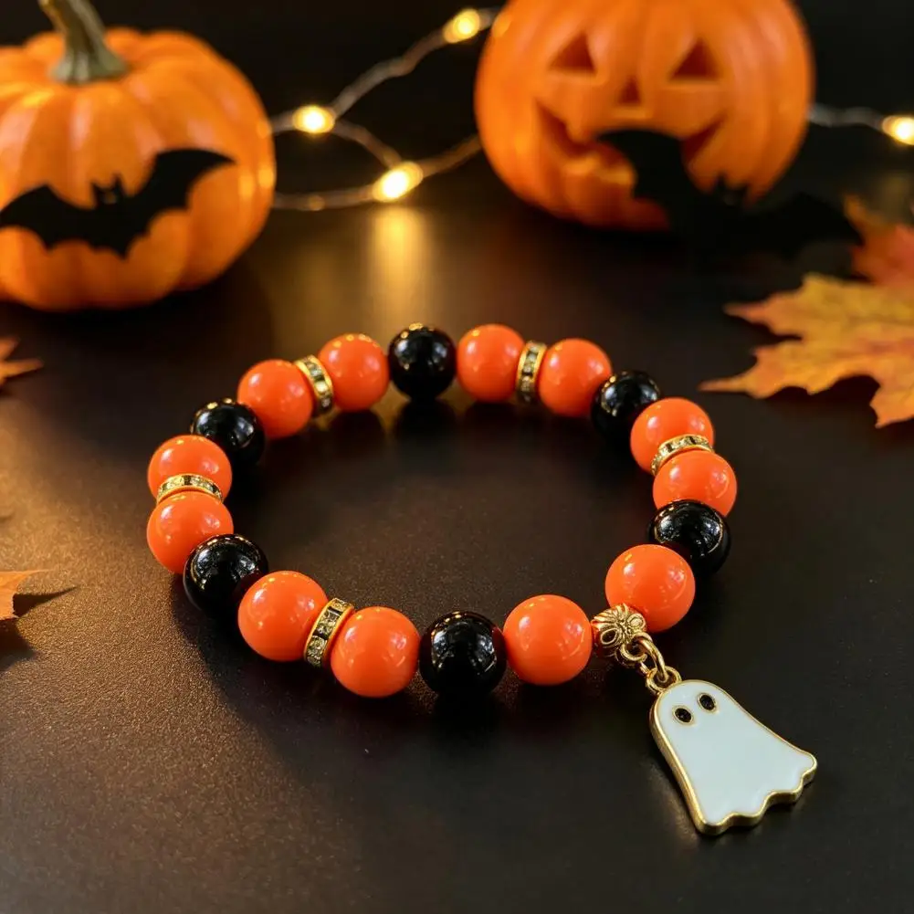 Halloween Beaded Bracelet for Women, Orange Black Beads Stretch Bracelet with Ghost Charm Stackable Bracelet for Halloween Party