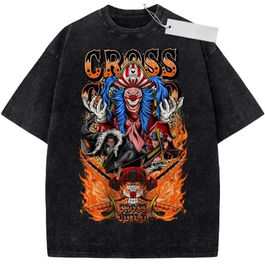 Unisex Schwarzes Vintage T-Shirt im Used-Look One Piece Cross Guild Buggy & Members Flame Style Hochwertige Stoffqualität für Freizeitkleidung