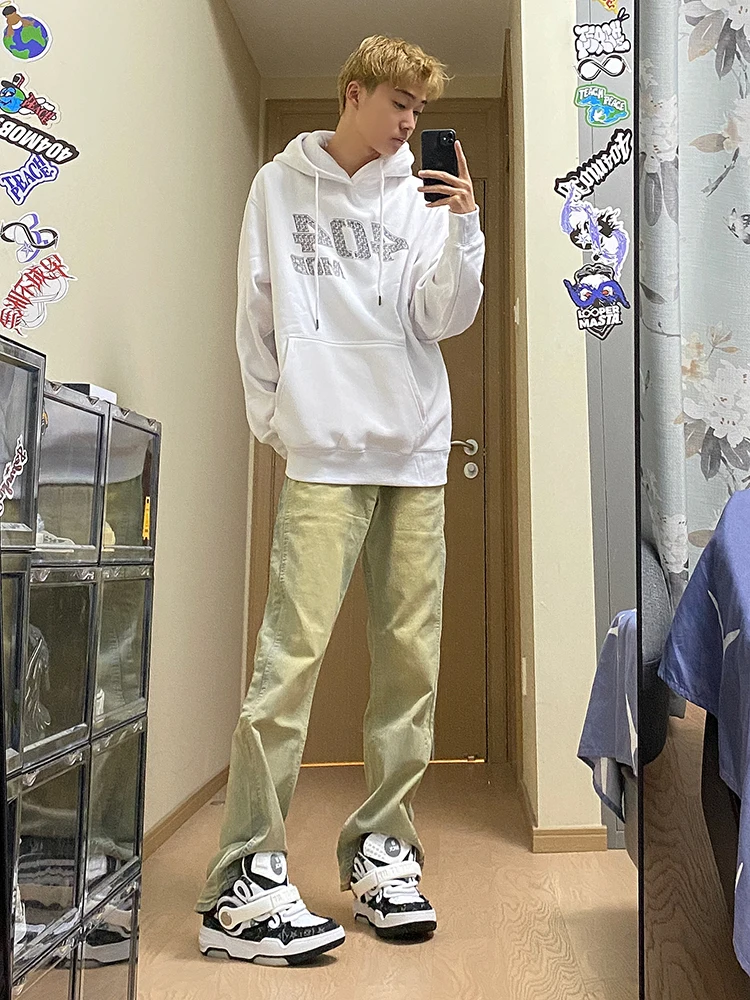 

Men's Fce Lined Straight Leg Jeans High Street Clean Fit Bootcut Trousers Autumn Winter Low Waist Zipper Casual Jeans