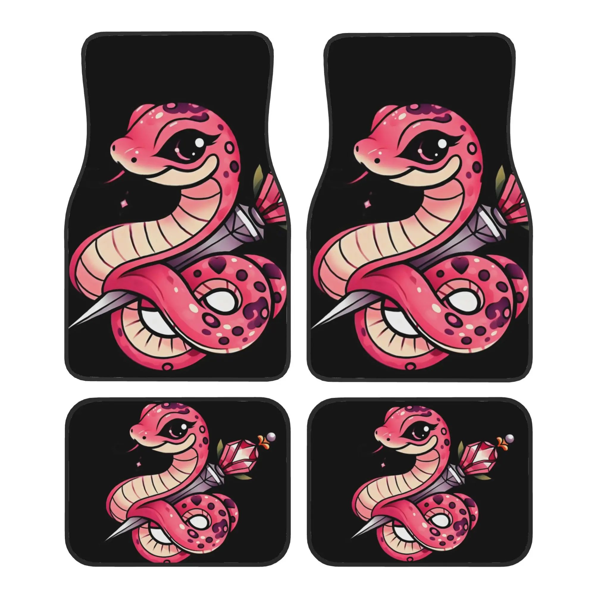 4pcs Cute Pink Snake With Gem Car Floor Mats, 2D Flat Printed With An Adorable Cartoon Snake Holding A Crystal, Playful Yet Edgy