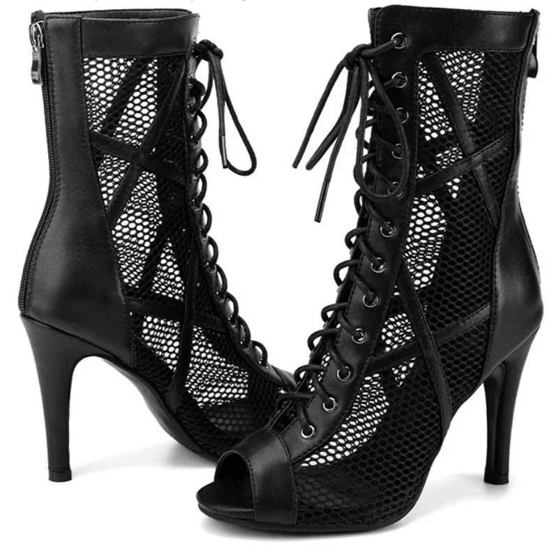 Rubber Sole Sexy stilettos Latin Dance Shoes Woman Black Mesh Boots Salsa Dancing Boots For Ladies Party Dance Shoes Ballroom
