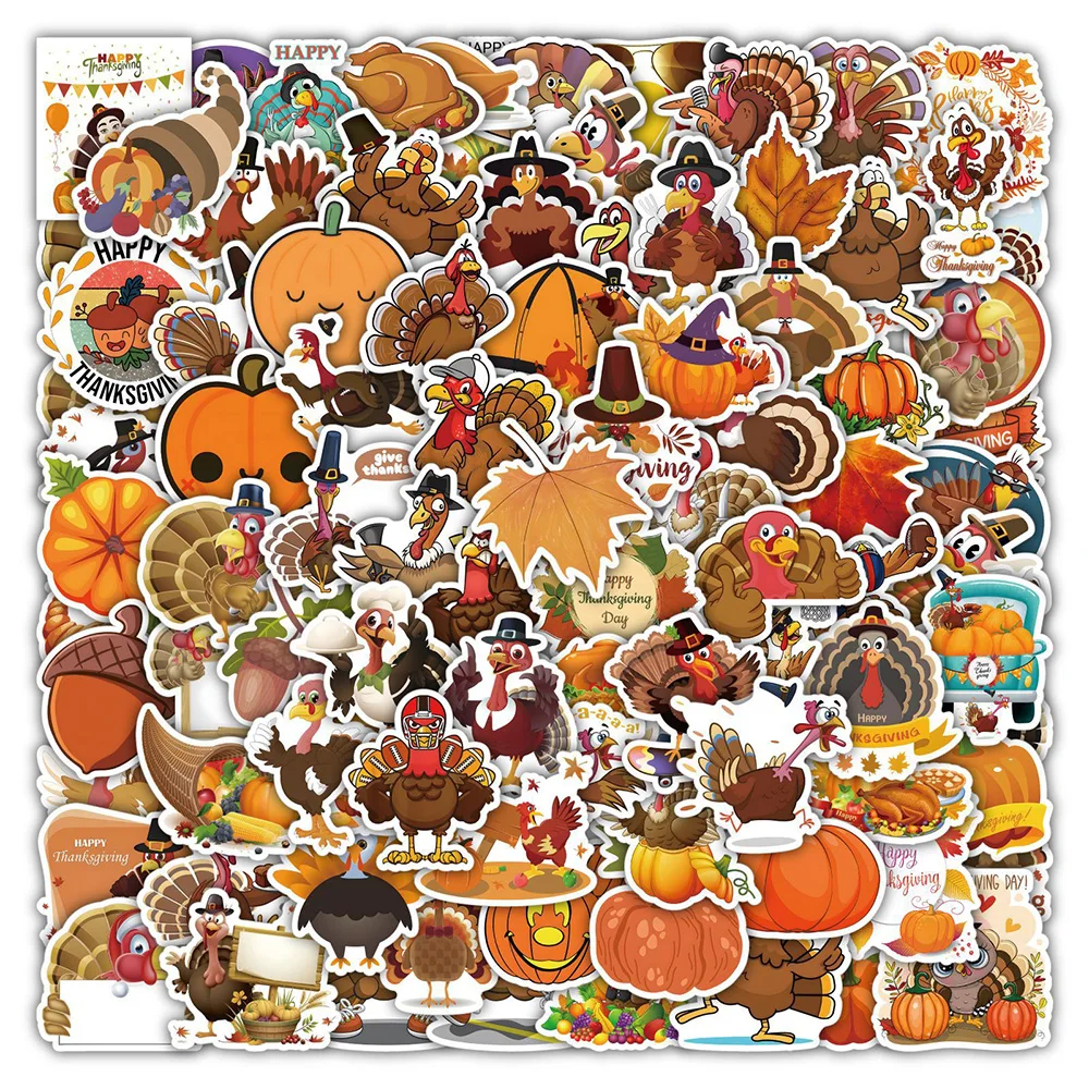 10/30/50/100PCS Thanksgiving Turkey Pumpkin Cartoon Sticker DIY Laptop Luggage Skateboard Graffiti Decals Fun for Kid Toys