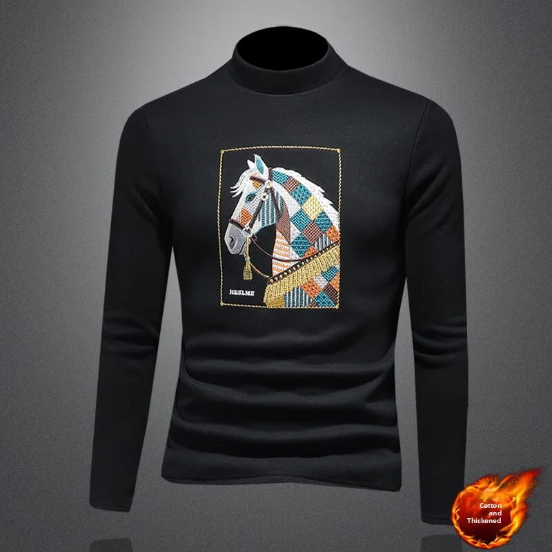 

Thiened Embroidered Hoodie Men's Knitted f High Collar Winter Faion Brand Station Men's Long Sve Sweatirt