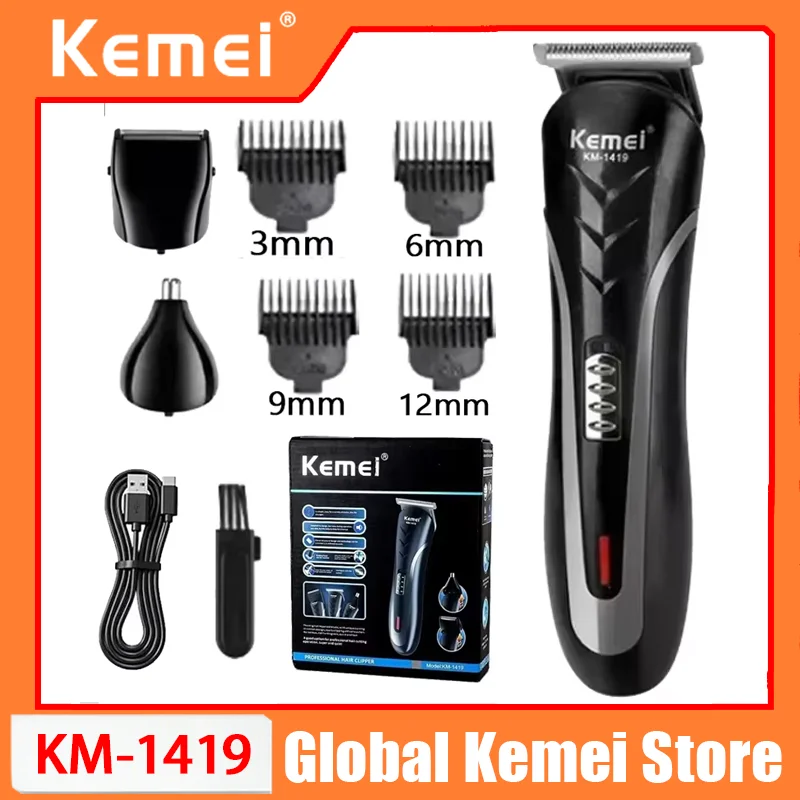 

Kemei KM-1419 Rechargeable Electric Hair Clipper Men'S Household Shaver Hair Trimmer and Nose Trimmer 3 in 1 Hair Clippers Men