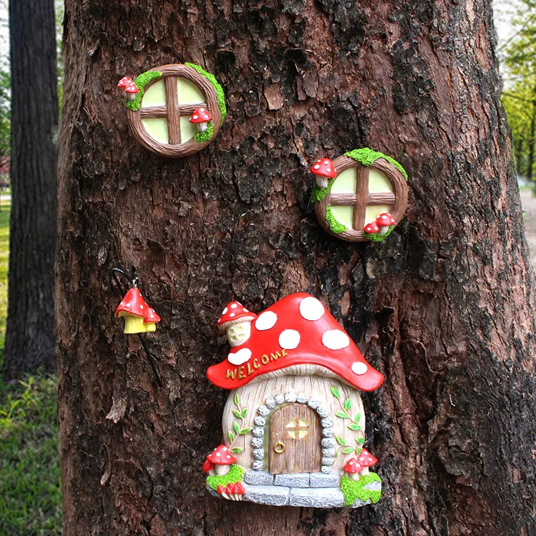 

New Luminous Mushroom House Door and Window Resin Pendant Creative Resin Door and Window Tree Decoration