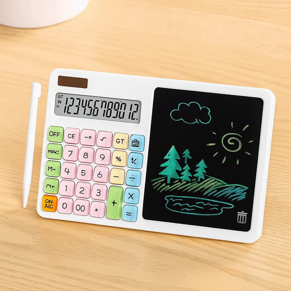 Large LCD Display Calculator with Writing Board Solar Powered Erasable 12 Digit Solar Calculator Large Button Portable