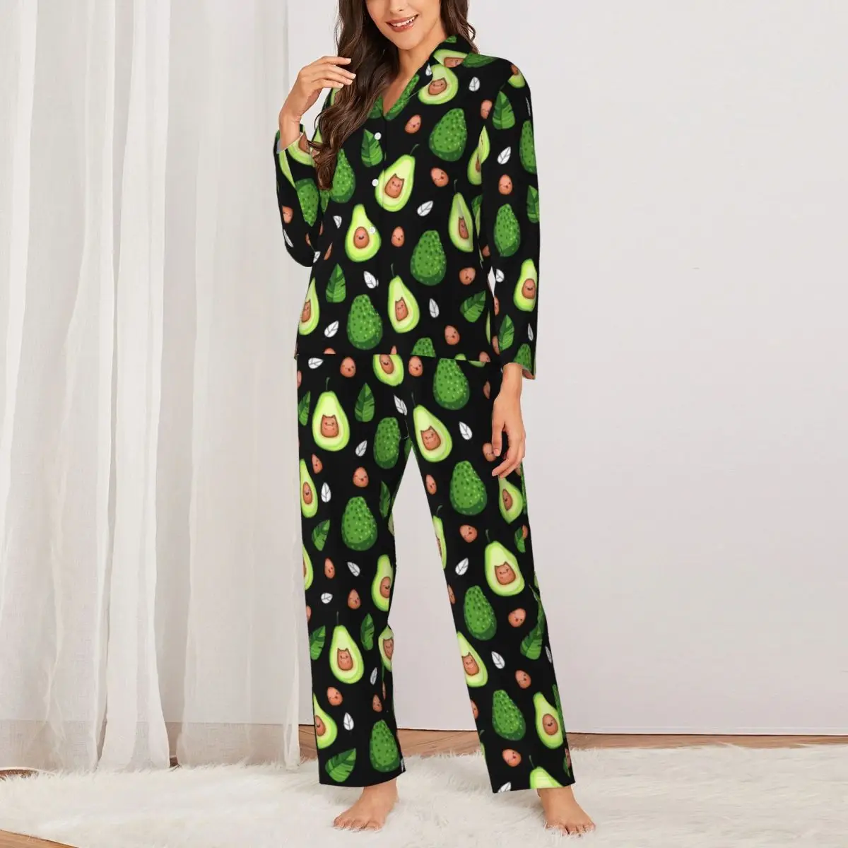 

Пижамный комплект Kawaii авокадо Осенняя Ночная пижама с принтом зеленых фруктов Женская Повседневная Ночная рубашка из 2 предметов большого размера Дизайнерская одежда для сна подарок на день рождения