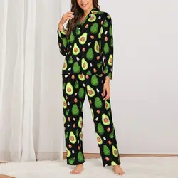 Kawaii Avocado Pajama Set Autumn Green Fruit Print Night Sleepwear Women 2 Piece Casual Oversized Design Nightwear Birthday Gift