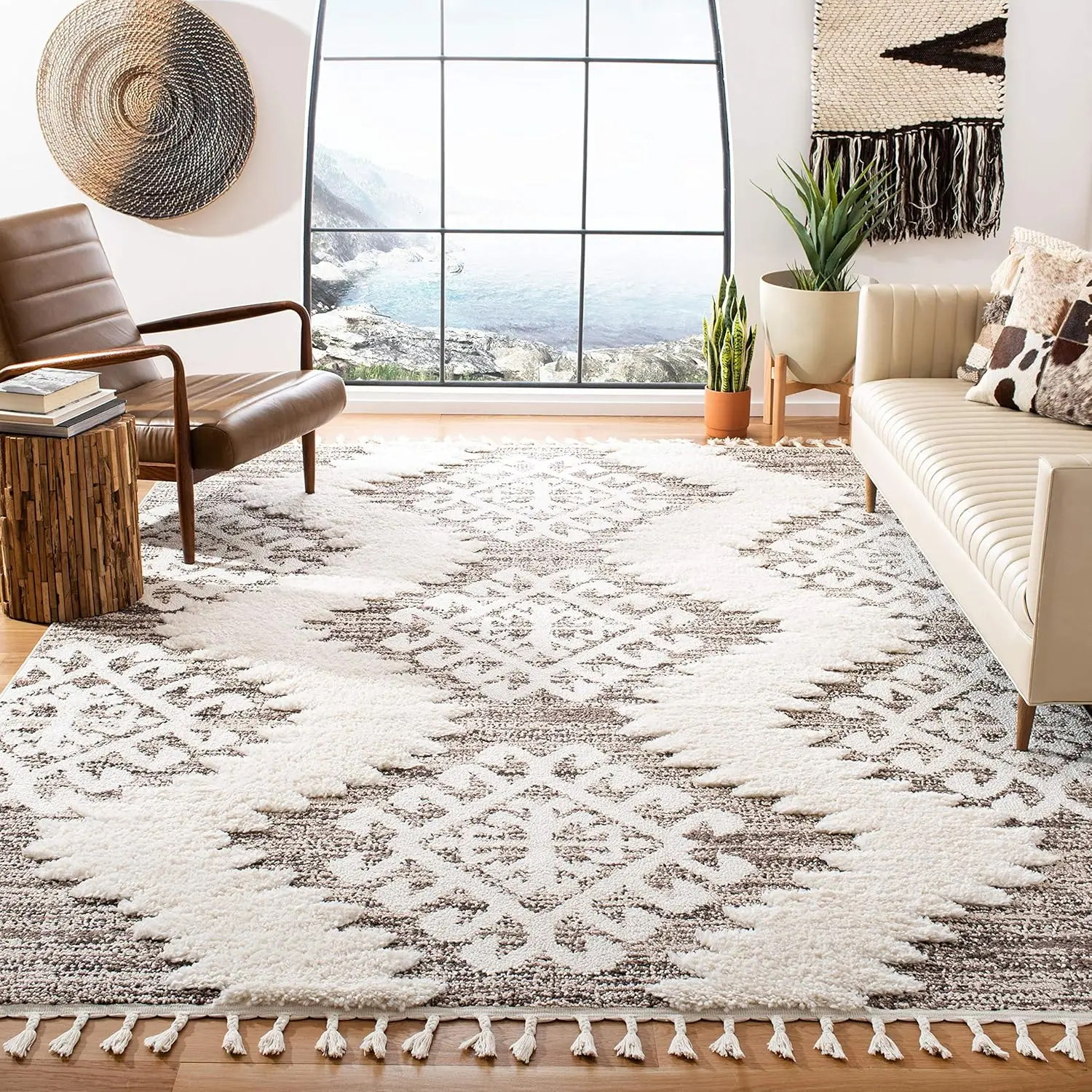 Tassel Shag Collection Area Rug - 8' x 10', Ivory & Brown, Design, Non-Shedding & Easy Care, 2-inch Thick