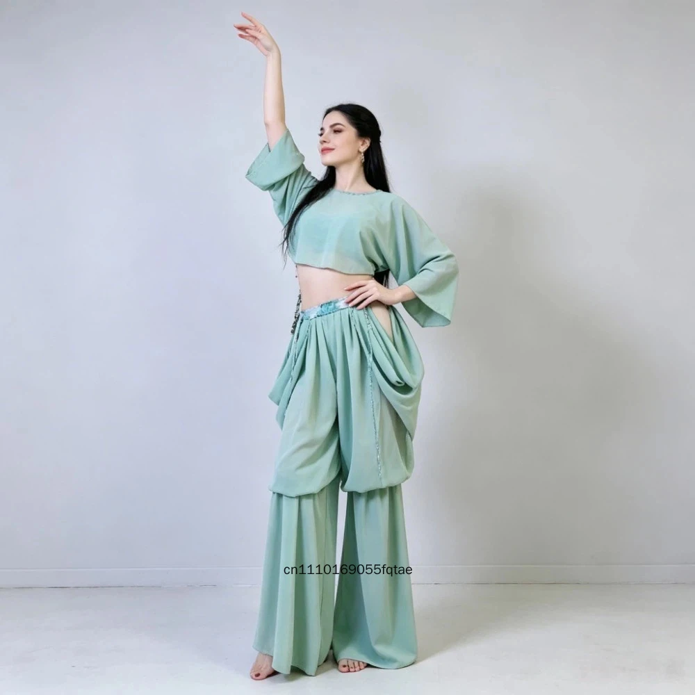 Chiffon-Haremshose, 4-teiliges Bauchtanz-Outfit-Set, orientalisches, nahöstliches Tanz-Trainingskostüm, Anzug für Frauen, Übungskleidung