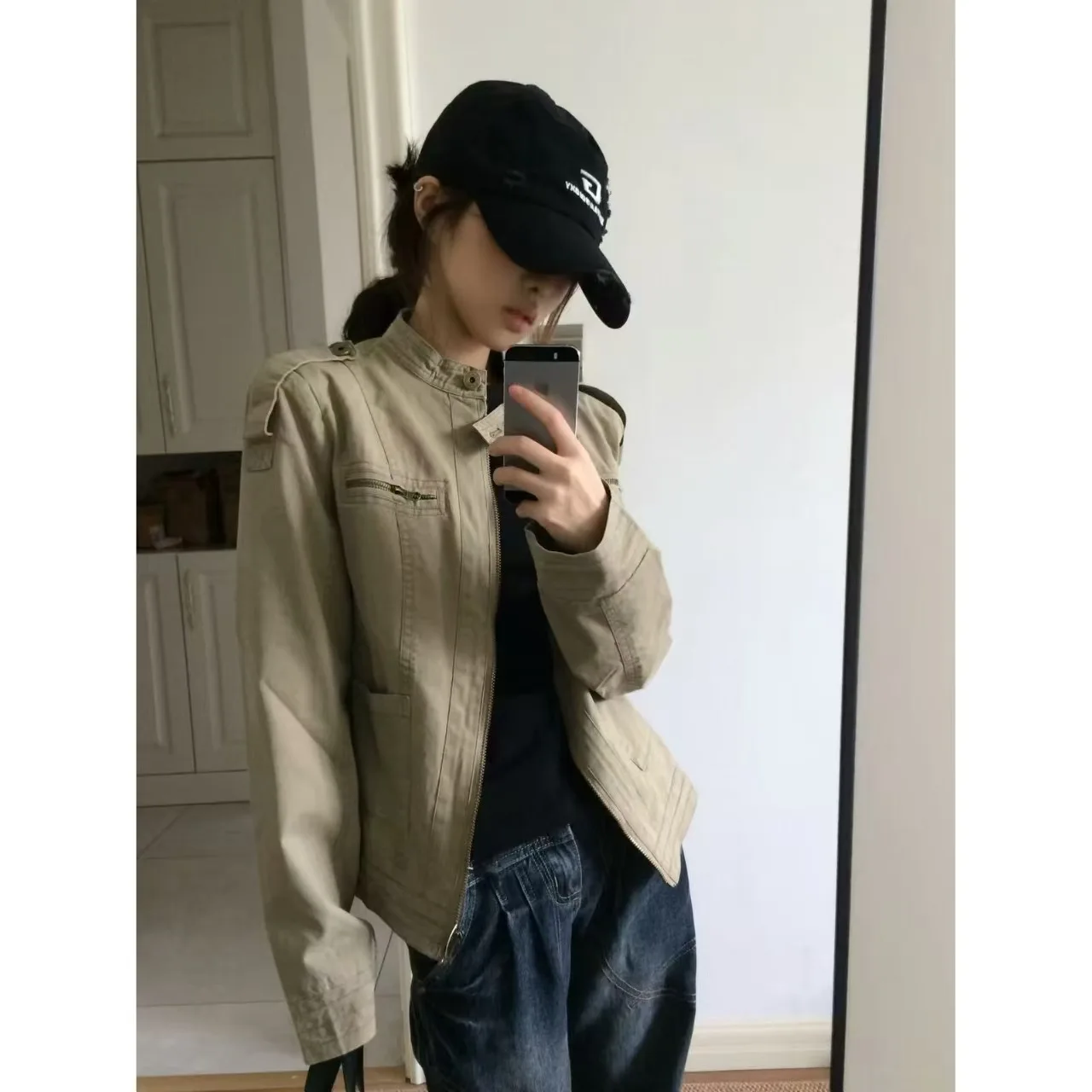 Autumn Women American Retro Long Sleeve Washing Khaki Color Jacket Stand Collar Zipper Up Short Outerwear Black