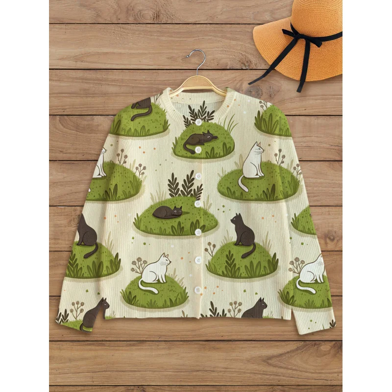 

Женский вязаный кардиган Greenfield Little Black Cat с цифровым принтом, толстый и свободный крой, с круглым вырезом и длинными рукавами, осень/зима, повседневный стиль