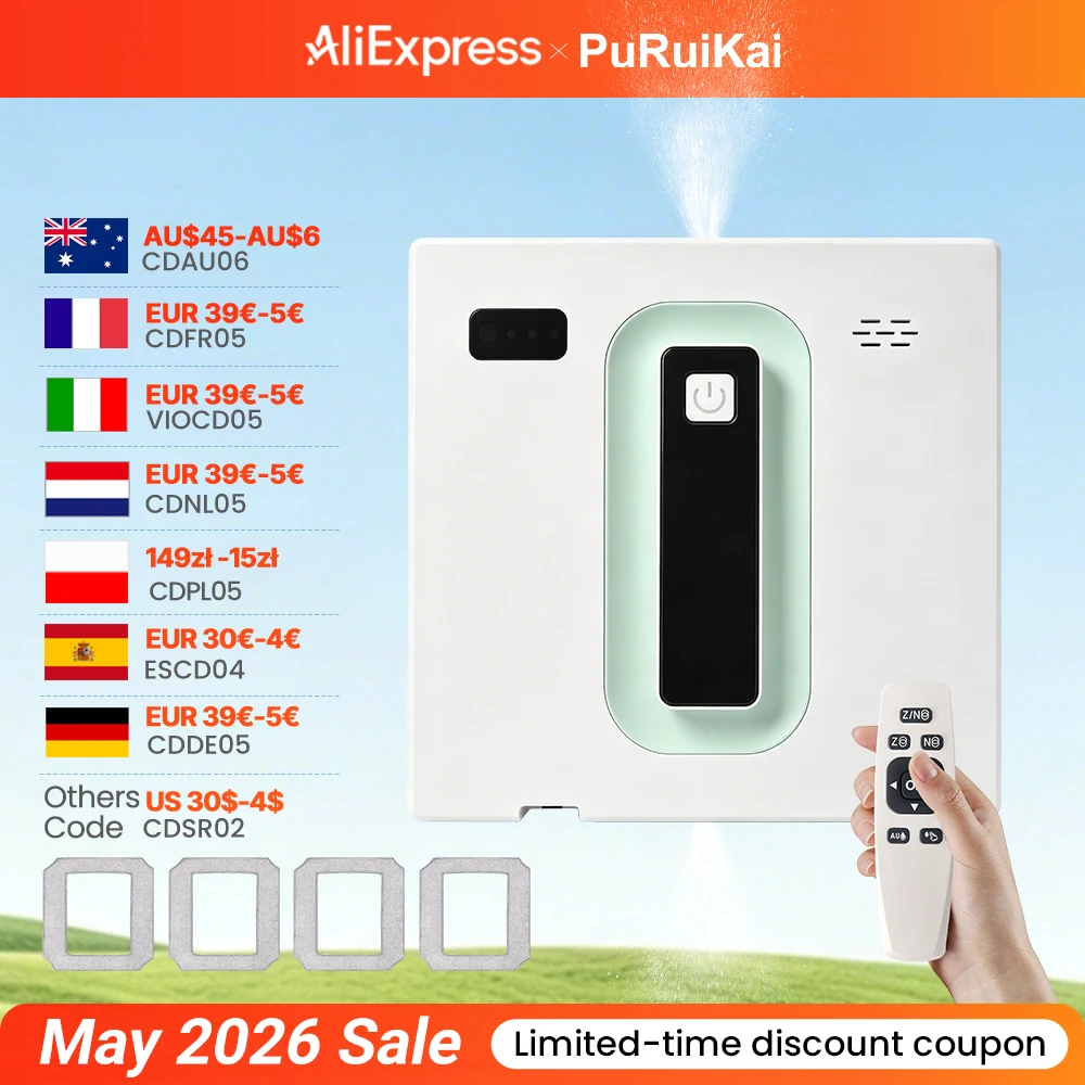 Robot Limpiacristales Automático Eléctrico PuRuiKai, con Control Remoto/Aplicación, con Transmisión de Voz y Pulverización Automática Bidireccional