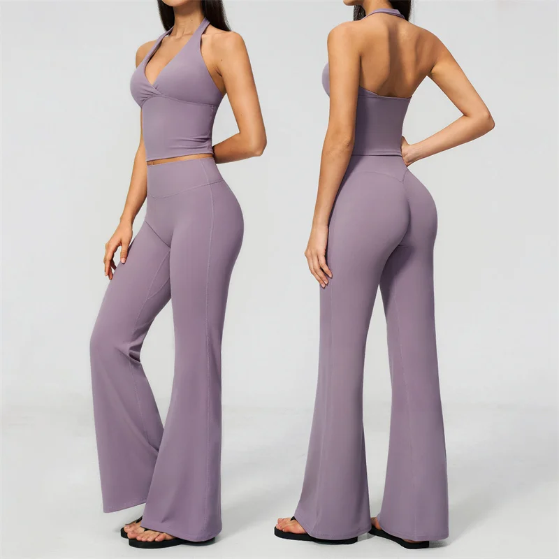 TRY TO BN Women's Tracksuit 2 Piece Gym Sets Cross V Neck Sports Top Fitness High Waist Flare Leggings Workout Suit Yoga Clothes