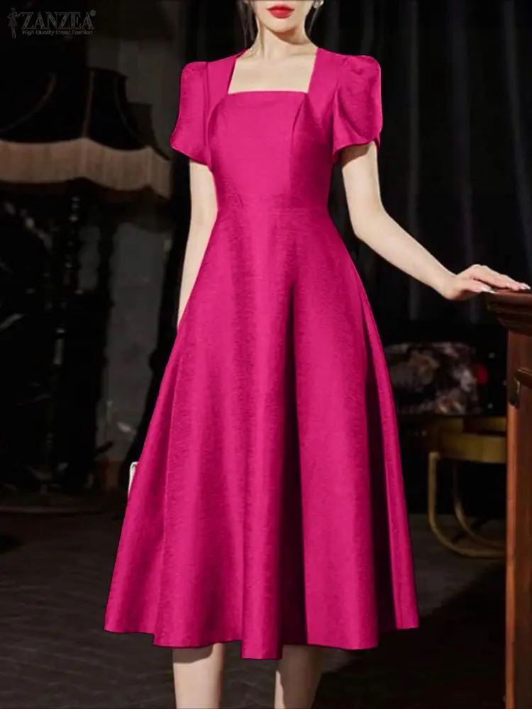 우아한 파티 드레스 ZANZEA 여성 드레스 2025 스퀘어 넥 페탈 슬리브 새틴 선드레스 허리 라인 스타일리시 솔리드 OL 워크 베스티도
