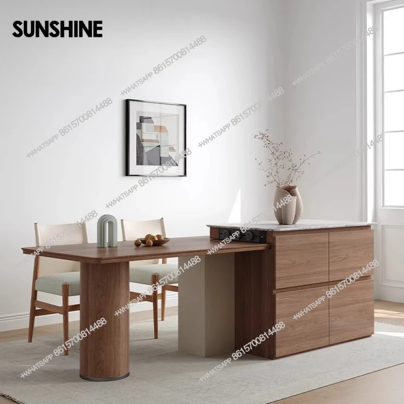 

Dining table integrated marble black walnut wood grain light luxury, household retractable