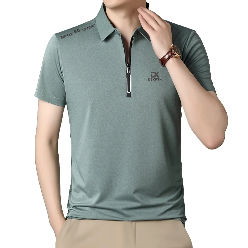 

Summer Men's Lapel Short Sleeve T-shirt Solid Color Fashion Zipper Pullover Breathable Polo Shirt Casual Half Sleeve T-shirt