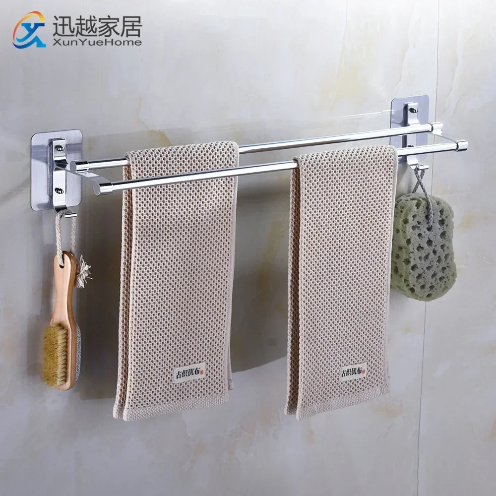 Barras para colgar toallas, 40-60CM, 2 postes, sin perforaciones, para colgar ropa de ducha, estante de pared, soporte de aluminio plateado, gancho,