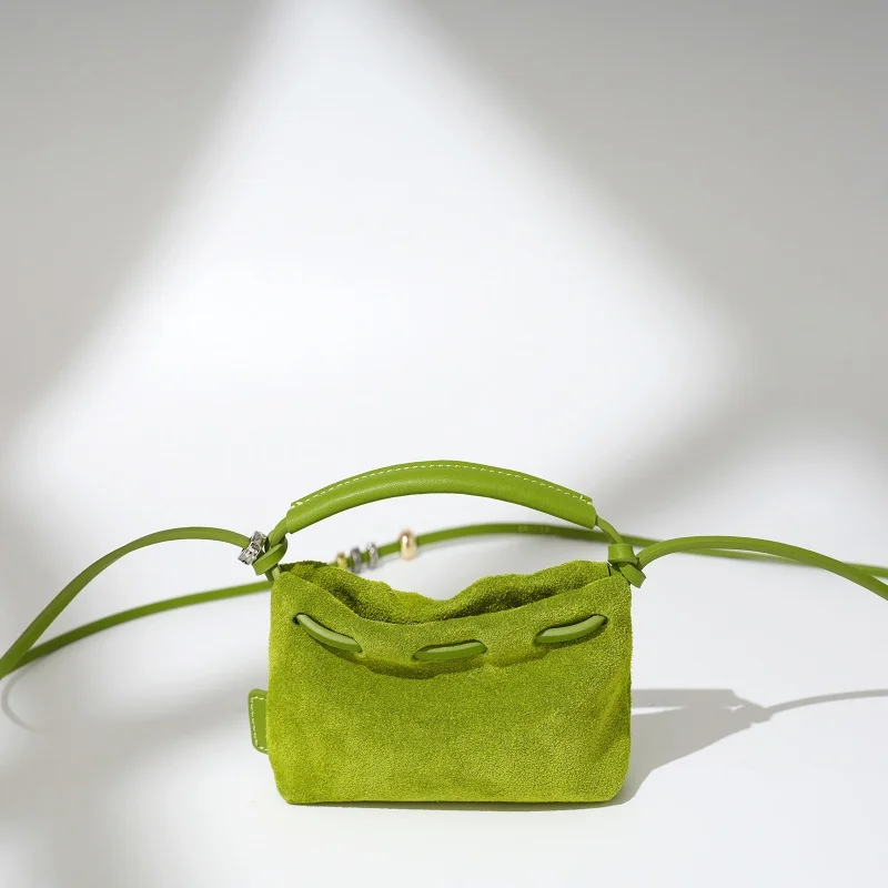 2025 Fashion Suede Mini Drawstring Cloud Bag for Women Cow Leather Leisure Shoulder Bag String Close Pleated Gift Pouch Handbags