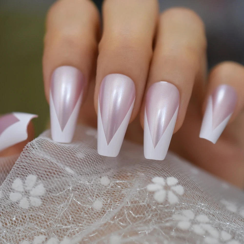 Pearl Shine V Shape French Fake Nails Pre Designed White Tips Fanx Ongles Long Tapered Ballerina Wedding Party Decoration Tips