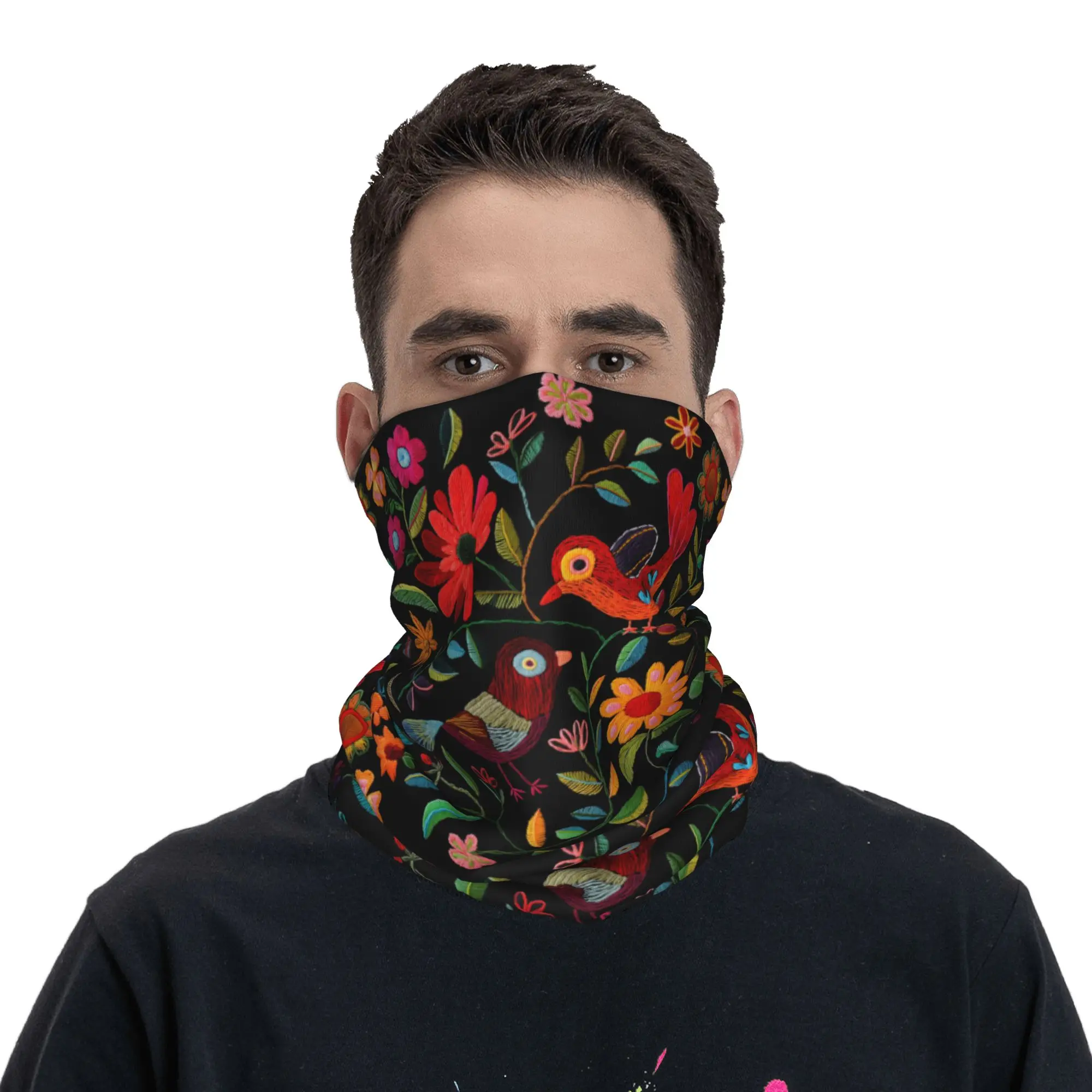 

Mexican Otomi Art Birds Flowers Neck Gaiter Men Women UV Protection Winter Bandana Scarf for Hiking