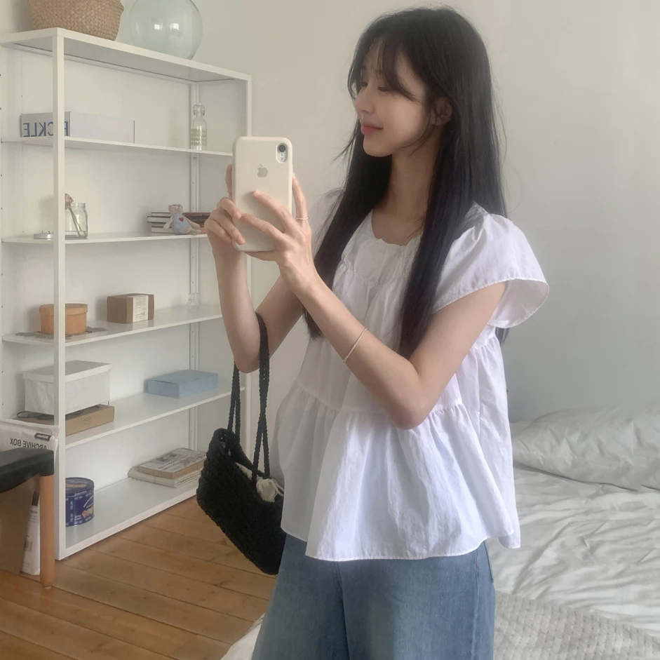 Korean Style Sweet Gentle round Neck Pleated Wide Sleeve Versatile Top Small Shirt Loose Fit Short Sleeve Women's Shirt