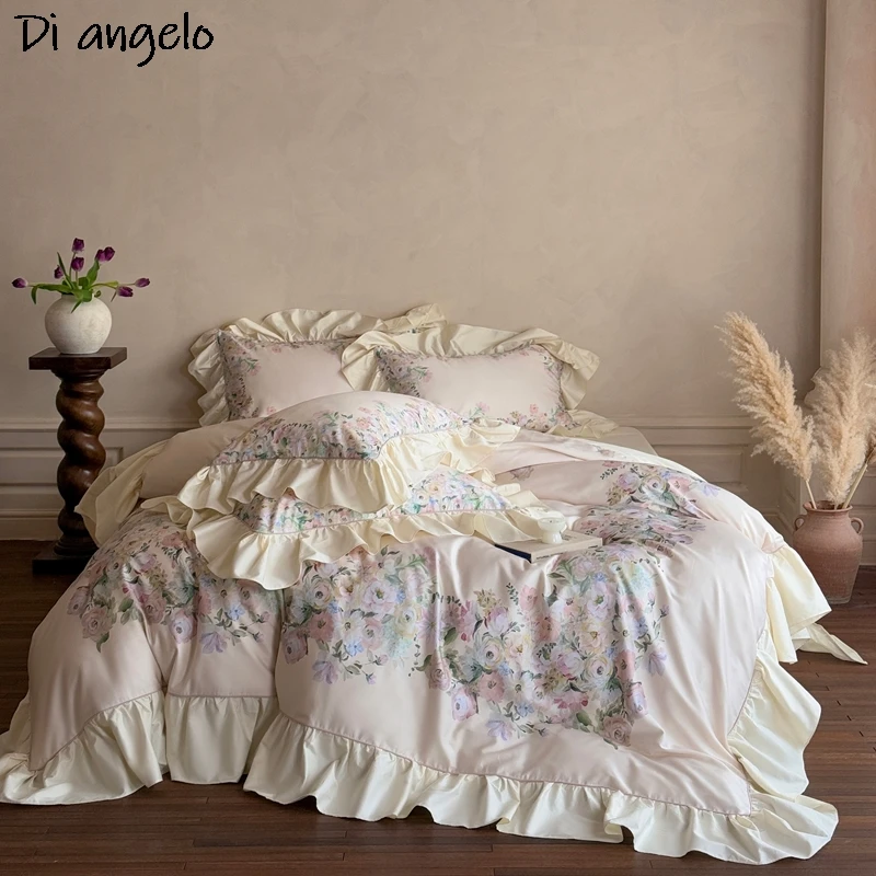 Luxury 600TC Egyptian Cotton Rose Bedding Set Pink Flower Embroidery RU Europe Queen King Duvet Cover Bed Sheet Flat Sheet #/L